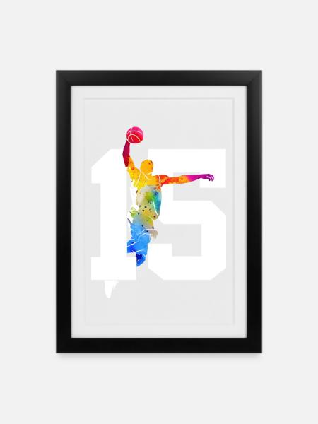 NUMMER 15 BASKETBALL 15. GEBURTSTAG - Gerahmtes Poster (27 × 37 cm) - Schwarz