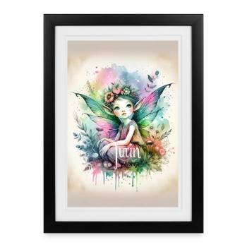 Leprechaun - Pixies - Blumen, Aquarell & Fee - Gerahmtes Poster (27 × 37 cm) - Schwarz - Vorne