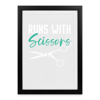 Läuft mit Schere Barbershop Haarschneider Barbier - Gerahmtes Poster (27 × 37 cm) - Schwarz - Vorne