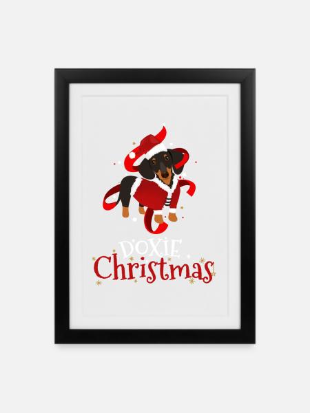 Doxie Christmas Dackel im Weihnachtslook - Gerahmtes Poster (27 × 37 cm) - Schwarz