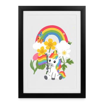 Einhorn Blumen Kinder Fabelwesen Regenbogen - Gerahmtes Poster (27 × 37 cm) - Schwarz - Vorne