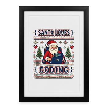 Santa Loves Coding – Pixel Ugly Sweater Look - Gerahmtes Poster (27 × 37 cm) - Schwarz - Vorne