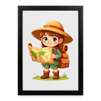 Kawaii Abenteurerin Schatzkarte Kinder Comic  - Gerahmtes Poster (27 × 37 cm) - Schwarz - Vorne