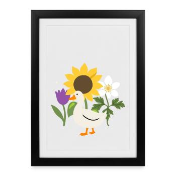 Ente Blumen Kinder Vogel Sonnenblume - Gerahmtes Poster (27 × 37 cm) - Schwarz - Vorne
