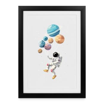 Astronaut mit Ballons Planeten Raumfahrt - Gerahmtes Poster (27 × 37 cm) - Schwarz - Vorne