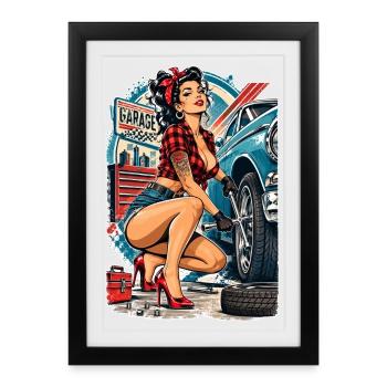 Rockabilly Pinup Girl: Reifenwechsel in High Heels - Gerahmtes Poster (27 × 37 cm) - Schwarz - Vorne