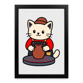 Niedliche Katzenkeramik-Kunsthandwerkerin baut eine Tonvase - Gerahmtes Poster (27 × 37 cm) - Schwarz - Vorne
