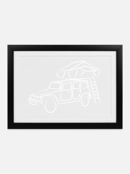Jeep mit Dachzelt, Dachzeltnomaden - Gerahmtes Poster (37 × 27 cm) - Schwarz