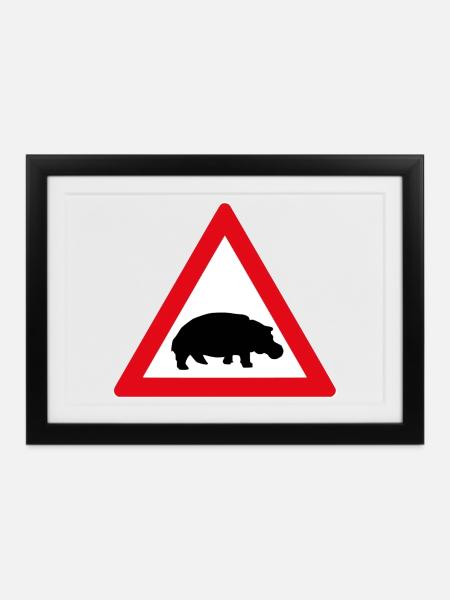 Straßenschild mit Nilpferd - Gerahmtes Poster (37 × 27 cm) - Schwarz