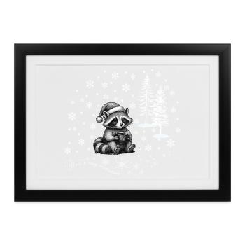 Waschbär Schnee /raccoon snowflakes Weihnachten - Gerahmtes Poster (37 × 27 cm) - Schwarz - Vorne