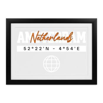 Amsterdam Niederlande Koordinaten Reise Souvenir - Gerahmtes Poster (37 × 27 cm) - Schwarz - Vorne