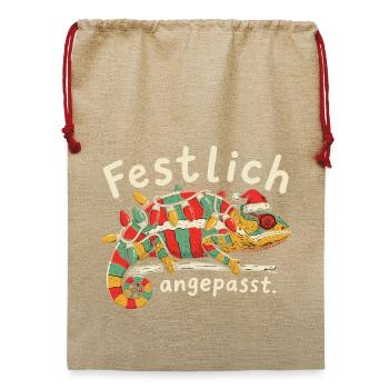 Weihnachts Chamäleon mit Lichterkette und Mütze - Jute Weihnachtssack  - Beige - Vorne