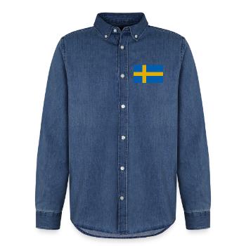 Drapeau de la Suède - Chemise en denim homme bio Stanley/Stella - bleu moyen délavé  - Devant - AI Model Male 185 light (185cm)