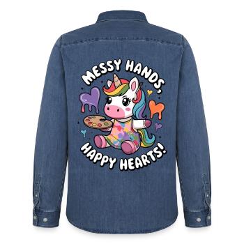 Mains en désordre, cœurs heureux ! - Chemise en denim homme bio Stanley/Stella - bleu moyen délavé  - Dos - AI Model Male 185 light (185cm)