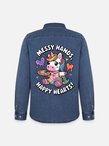 Messy Hands, Happy Hearts! - Men’s Organic Denim Shirt by Stanley/Stella - mid washy