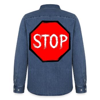 Stop Schild Vektor - Männer Jeanshemd Organic von Stanley/Stella - verwaschenes Mittelblau  - Hinten - AI Model Male 185 light (185cm)