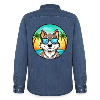 Russo Europäische Laika Hunderasse Cartoon Sonnenbrille - Männer Jeanshemd Organic von Stanley/Stella - verwaschenes Mittelblau  - Hinten - AI Model Male 185 light (185cm)