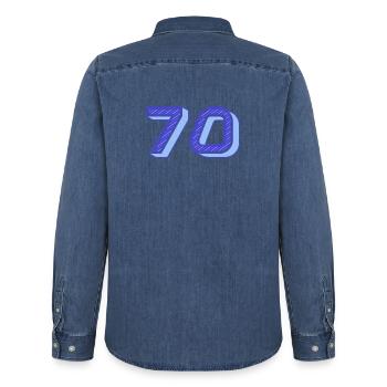 70. 70 ANS. 70e ANNIVERSAIRE. ANNIVERSAIRE 70 ANS. - Chemise en denim homme bio Stanley/Stella - bleu moyen délavé  - Dos - AI Model Male 185 light (185cm)