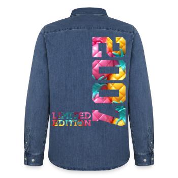 19E ANNIVERSAIRE ÉDITION LIMITÉE 2007 - Chemise en denim homme bio Stanley/Stella - bleu moyen délavé  - Dos - AI Model Male 185 light (185cm)