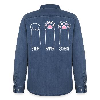 Katze Pfote Katzenpfoten Spiel Stein Papier Schere - Männer Jeanshemd Organic von Stanley/Stella - verwaschenes Mittelblau  - Hinten - AI Model Male 185 light (185cm)