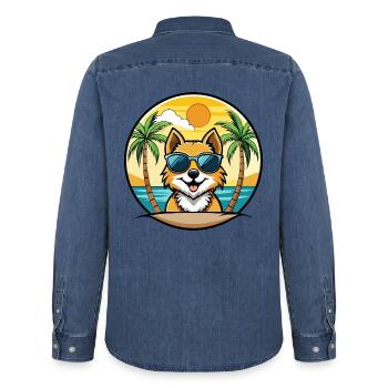 Spitz Hunderasse Cartoon Sonnenbrille Strand - Männer Jeanshemd Organic von Stanley/Stella - verwaschenes Mittelblau  - Hinten - AI Model Male 185 light (185cm)