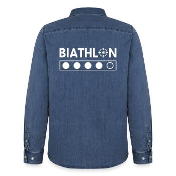 Biathlon T-shirt - Men’s Organic Denim Shirt by Stanley/Stella - mid washy  - Back - AI Model Male 185 light (185cm)