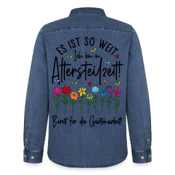Altersteilzeit - Bereit für die Gartenarbeit  - Männer Jeanshemd Organic von Stanley/Stella - verwaschenes Mittelblau  - Hinten - AI Model Male 185 light (185cm)