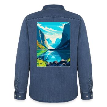 Souvenir de l’affiche de voyage vintage des fjords de Norvège - Chemise en denim homme bio Stanley/Stella - bleu moyen délavé  - Dos - AI Model Male 185 light (185cm)