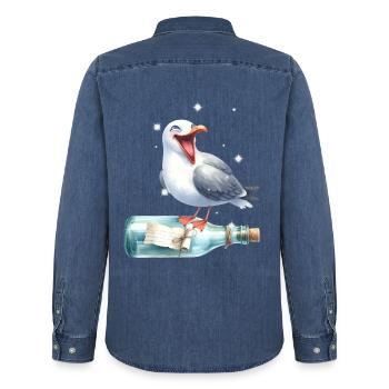 maritime seagull message in a bottle seagulls - Men’s Organic Denim Shirt by Stanley/Stella - mid washy  - Back - AI Model Male 185 light (185cm)