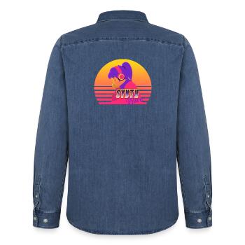 Synthwave Girl - Men’s Organic Denim Shirt by Stanley/Stella - mid washy  - Back - AI Model Male 185 light (185cm)