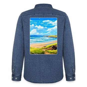 Constantine Bay Cornwall England Vereinigtes Königreich Reiseposter - Männer Jeanshemd Organic von Stanley/Stella - verwaschenes Mittelblau  - Hinten - AI Model Male 185 light (185cm)