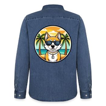 Japanischer Terrier Hund Rasse Cartoon Sonnenbrille Strand - Männer Jeanshemd Organic von Stanley/Stella - verwaschenes Mittelblau  - Hinten - AI Model Male 185 light (185cm)