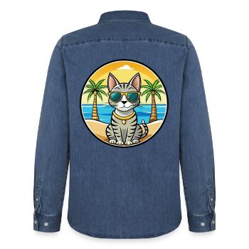 Ägyptische Mau-Katzenrasse Cartoon-Sonnenbrille Strand - Männer Jeanshemd Organic von Stanley/Stella - verwaschenes Mittelblau  - Hinten - AI Model Male 185 light (185cm)