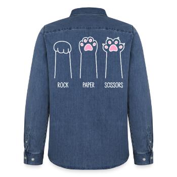 Ciseaux à papier roche - Pattes de chat - Chemise en denim homme bio Stanley/Stella - bleu moyen délavé  - Dos - AI Model Male 185 light (185cm)
