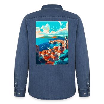 Dubrovnik Kroatien Vintage Reiseplakat Souvenir - Männer Jeanshemd Organic von Stanley/Stella - verwaschenes Mittelblau  - Hinten - AI Model Male 185 light (185cm)