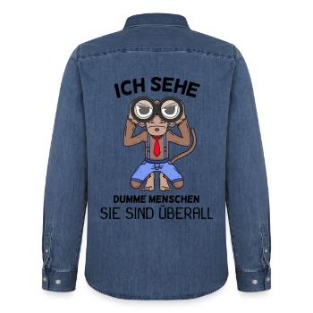 Ich sehe dumme Menschen Spruch lustig Affe - Männer Jeanshemd Organic von Stanley/Stella - verwaschenes Mittelblau  - Hinten - AI Model Male 185 light (185cm)