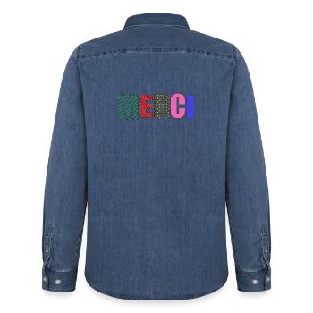 Thank you - Men’s Organic Denim Shirt by Stanley/Stella - mid washy  - Back - AI Model Male 185 light (185cm)