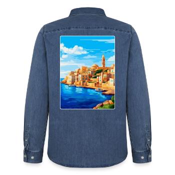 Malta Vintage Reiseplakat Souvenir WPA Souvenir - Männer Jeanshemd Organic von Stanley/Stella - verwaschenes Mittelblau  - Hinten - AI Model Male 185 light (185cm)