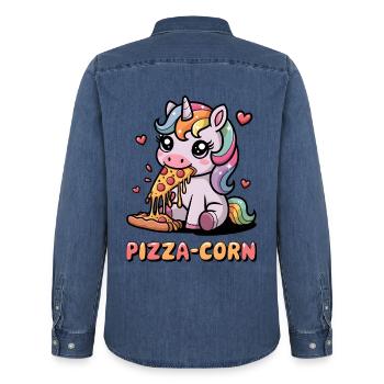 Pizza-Corn - Men’s Organic Denim Shirt by Stanley/Stella - mid washy  - Back - AI Model Male 185 light (185cm)