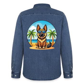 Deutsche Schafpudel Hunderasse Cartoon Sonnenbrille - Männer Jeanshemd Organic von Stanley/Stella - verwaschenes Mittelblau  - Hinten - AI Model Male 185 light (185cm)