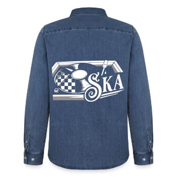Rhythmischer Ska Trompetensound - Männer Jeanshemd Organic von Stanley/Stella - verwaschenes Mittelblau  - Hinten - AI Model Male 185 light (185cm)