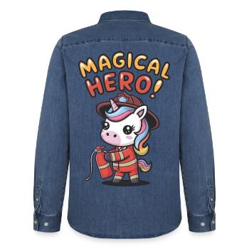 Héros magique ! - Chemise en denim homme bio Stanley/Stella - bleu moyen délavé  - Dos - AI Model Male 185 light (185cm)