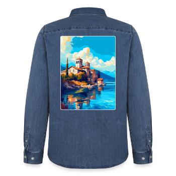 Ohrid Nordmazedonien Vintage Reiseposter WPA - Männer Jeanshemd Organic von Stanley/Stella - verwaschenes Mittelblau  - Hinten - AI Model Male 185 light (185cm)