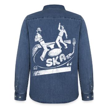 Jamaikanischer Ska Bläsersatz - Männer Jeanshemd Organic von Stanley/Stella - verwaschenes Mittelblau  - Hinten - AI Model Male 185 light (185cm)