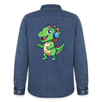 Dinosaurier Lustige Zeichentrickfigur Kopfhörer Musik - Männer Jeanshemd Organic von Stanley/Stella - verwaschenes Mittelblau  - Hinten - AI Model Male 185 light (185cm)