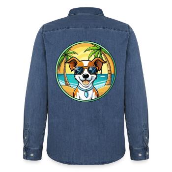 Jack Russell Terrier Chien Race Dessin Animé Lunettes de Soleil - Chemise en denim homme bio Stanley/Stella - bleu moyen délavé  - Dos - AI Model Male 185 light (185cm)