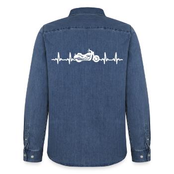 motorcycle heartbeat - Men’s Organic Denim Shirt by Stanley/Stella - mid washy  - Back - AI Model Male 185 light (185cm)
