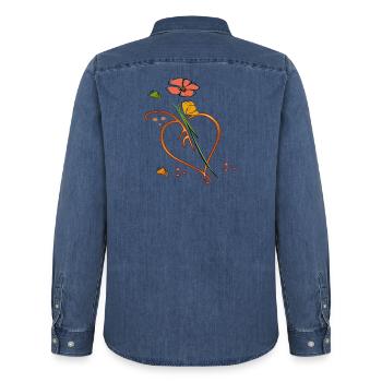 Fleurs, fleur avec feuille en forme de cœur - Chemise en denim homme bio Stanley/Stella - bleu moyen délavé  - Dos - AI Model Male 185 light (185cm)