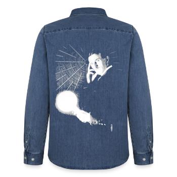 Nikola Tesla with light bulb and Tesla coil - Men’s Organic Denim Shirt by Stanley/Stella - mid washy  - Back - AI Model Male 185 light (185cm)
