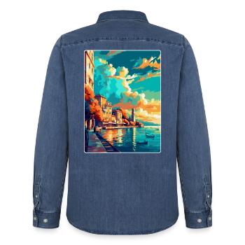 Thessalonique Grèce Affiche de voyage vintage souvenir - Chemise en denim homme bio Stanley/Stella - bleu moyen délavé  - Dos - AI Model Male 185 light (185cm)